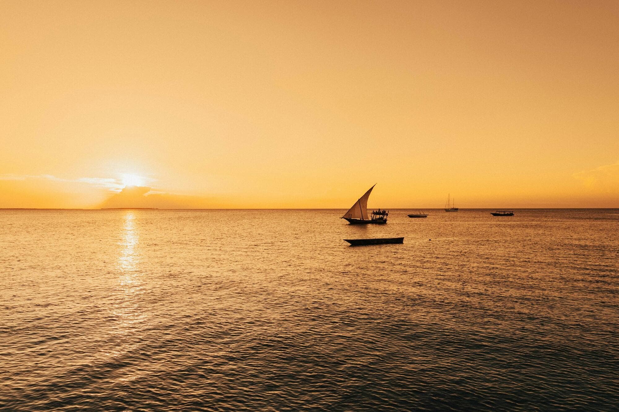 A dhow sailing boat in silhouette at sunset off Zanzibar, Tanzania